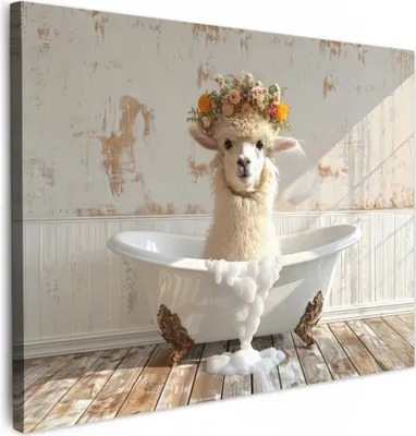 Produktbild von Wanddeko 40x30 cm - BadezimmerLama in der Badewanne, Leinwand Bilder, Wandbilder, Gemälde