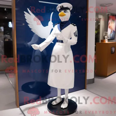 Image de Personnage mascotte REDBROKOLY d une colombe marine habillée d une robe fourreau et de coussinets de pieds