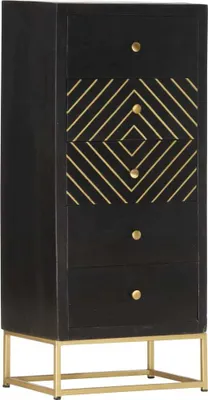 Produktbild von Hochkommode "Polsingen" aus Mango-Massivholz, pulverbeschichteter Stahl in Schwarz und Golden. Abmessungen (L/B/H) 45x30x105 cm