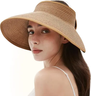 Produktbild von Damen Sonnenblende Hüte Breite Krempe Stroh Strand Hut Pferdeschwanz Hüte für Frauen Faltbare Floppy