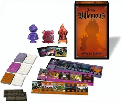 A collection of game components and the game box for Disney Villainous.