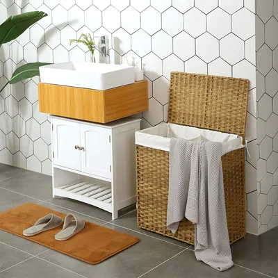 Produktbild von SONGMICS Wäschekorb handgeflochten, 110 L, Wäschesammler aus synthetischem Rattan, mit Deckel und Griffen, Wäschesortierer, faltbar, Wäschesack herausnehmbar, naturfarben LCB52NL