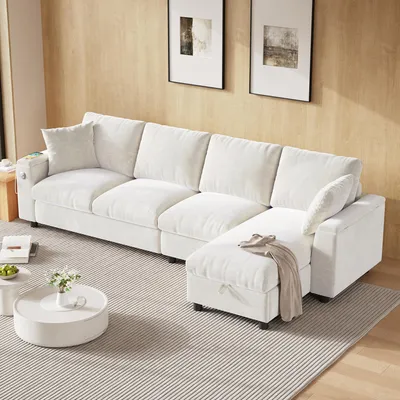 Produktbild von okwish Klassische Sofas Chaiselongue mit Schlaffunktion und zwei Getränkehaltern,Loungesofa aus Chenille mit integrierte Couchtisch,Beige