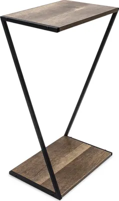 A modern side table with a wooden top and black metal frame, shown against a white background.