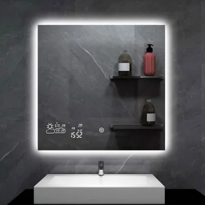 Produktbild von Heidenfeld LED Badezimmerspiegel | Wandspiegel mit Heizung - Infrarot Spiegelheizung - WLAN Display- Wetteranzeige - Dimmbar Anti-Beschlag - 200 Watt