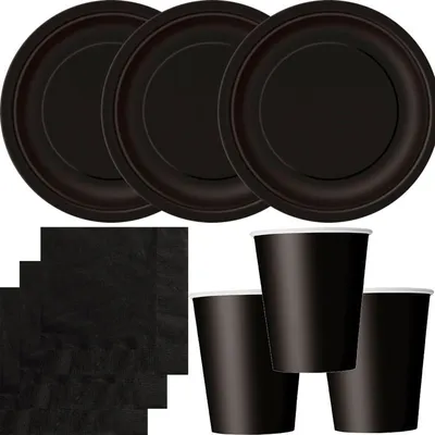 A set of black disposable party supplies including plates, cups, and napkins.
