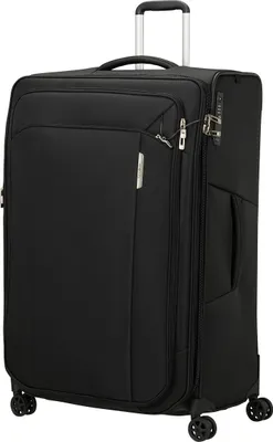 A black Samsonite suitcase is shown against a white background.