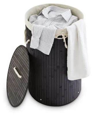 Produktbild von Relaxdays Wäschekorb Bambus, faltbare Wäschetonne mit Deckel, Volumen 70 l, Wäschesack Baumwolle, rund Ø 41 cm, schwarz