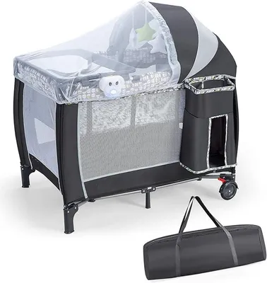 Imagen del producto de Cuna de viaje para bebé Silecomplaza con colchón de 120 x 60 cm, plegable, con ruedas, mosquitera, cambiador y bolsa de transporte. Cuna de viaje para bebés de 0 a 3 años, con capacidad de carga de hasta 15 kg (modelo 2, color gris)