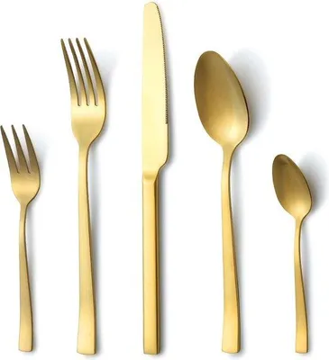 Produktbild von Unyqoos® 30-teiliges Besteckset für 6 Personen – mattgoldenes Edelstahl-Besteck, 6× Messer/Gabel/Löffel/Teelöffel/Dessertgabel, hochglanzpoliert, spülmaschinenfest
