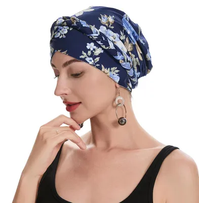 Immagine prodotto di Damen, copricapo chemio, turbante, berretto in maglia, motivo floreale intrecciato, blu navy, poliestere