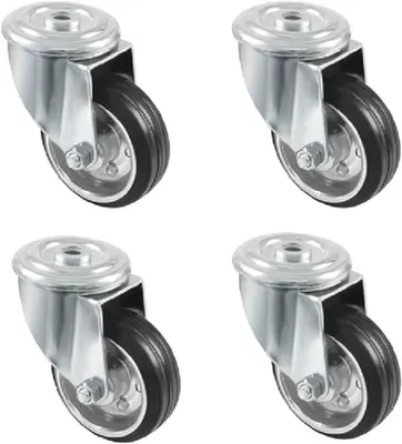 Produktbild von Set mit 4 Möbelrollen | Ø 80 mm | Drehbare Rollen ohne Montageplatte | Maximale Belastung 70 kg | Zum Bewegen schwerer Möbel | Rollenlager | Metallkern | Schwarzes Gummi