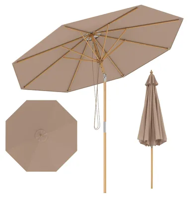 Zdjęcie produktu dla KOMFOTTEU Duży parasol tarasowy, okrągły parasol o średnicy 270 cm z bambusową ramą, konstrukcją z 8 żebrami, funkcją regulacji nachylenia, napędem linkowym, parasol z regulacją wysokości do ogrodu, na taras i na plażę