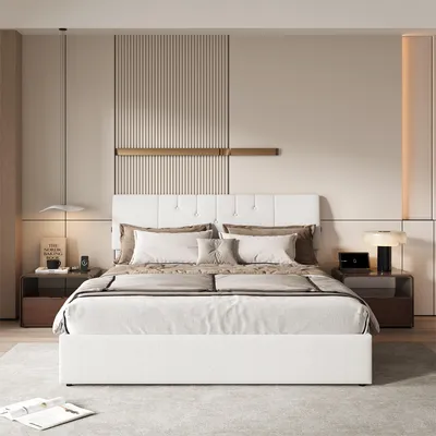 Produktbild von UnboxG Doppelbett 140x200cm Weiß, Teddy-Stoff, Gasdruckbett mit Stauraum, USB & Type-C Anschlüssen – Polsterbett mit Hebefunktion
