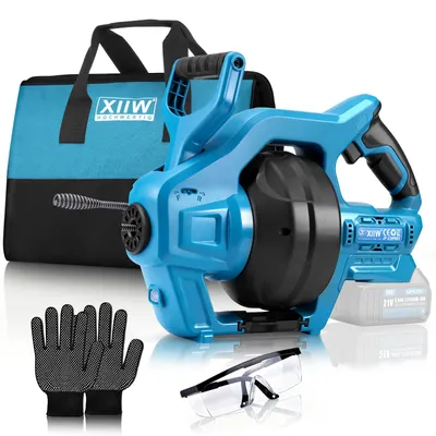 A blue electric drain snake with a storage bag, gloves, and safety glasses.