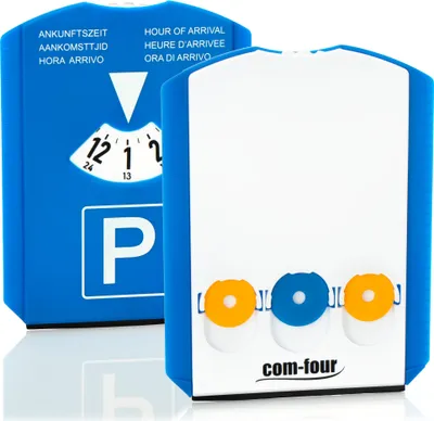 Produktbild von com-four® 2x Parkscheibe mit Eiskratzer, Gummilippe und Einkaufswagenchip - Parkuhr aus ABS-Kunststoff