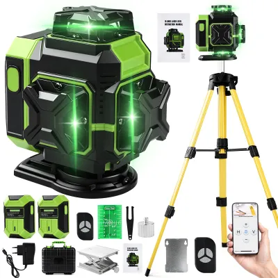 Image de niveau laser 4D 16 lignes, base pivotante à 360°, laser vert à lignes croisées,App incluse, 2x3600mAh batteries, trépied & protection IP54