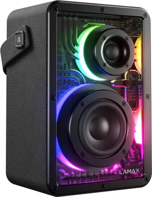A black portable speaker with colorful LED lights visible through a transparent front panel.