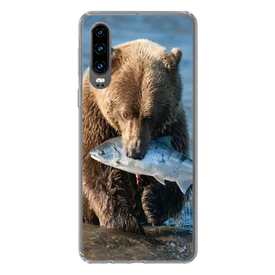 Produktbild von MuchoWow® Handyhülle Schutzhülle Hülle für Huawei P30 Bär - Braun - Fisch Silikon Softcase Handy Hülle - Kartenbesitzer