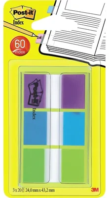 Image de Post-it® Post-it Index 680, bandes adhésives, 3 x 20 bandes, assorties : violet, bleu, vert