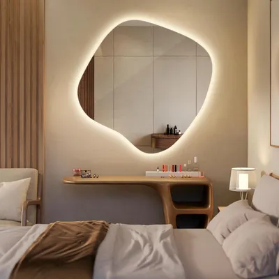 Produktbild von LED Lichtspiegel 67,6×67 cm – Asymmetrischer Wandspiegel im modernen Design – Beleuchteter Spiegel für Badezimmer & Wohnzimmer – Warmweiß 3000K