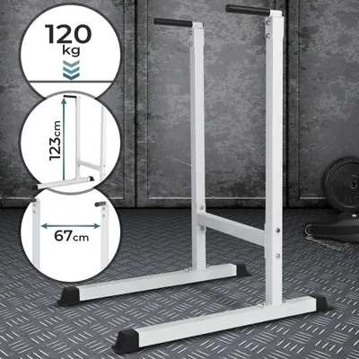 Produktbild von Physionics® Dip Station - bis 120kg, 103/67/123cm, Freistehend, Bizeps, Trizeps, Bauch- und Rückentraining, Gepolsterte Griffe, aus Metall, Weiß - Dipstangen, Dip Barren, Dipständer, Dip-Station