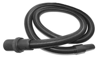 A black, flexible, ribbed hose with connectors on both ends, coiled on a white background.
