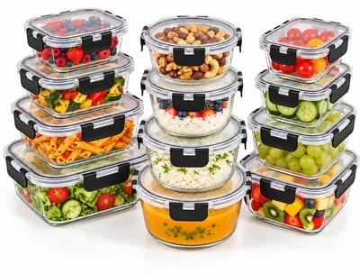 Obrázok produktu pre Relaxdays, sada 12 nádob na uchovávanie potravín, 9 veľkostí, sklo, vzduchotesné viečka s uzáverom, vhodné do mikrovlnnej rúry, sklenené nádoby, priehľadné, Obrázok generovaný UI