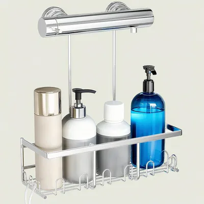 Image de Étagère de douche à suspendre, avec 12 crochets, sans perçage, couleur argent, pour la douche