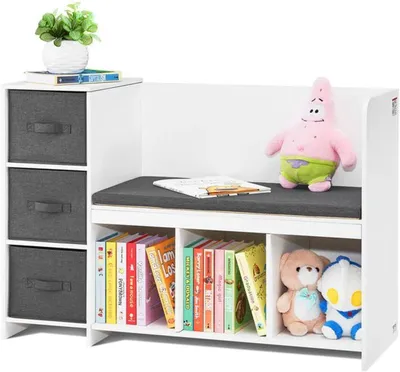 Image de Étagère à livres pour enfants Azomor avec banc de lecture et tiroir de rangement pour la chambre d'enfant