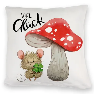 Produktbild von Maus mit Fliegenpilz Kuschelkissen mit Spruch Viel Glück
