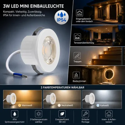 Produktbild von Klein Mini 3W LED Einbaustrahler Einbauleuchte Einbauspot Spot 4000K Neutralweiß 240 Lumen 230V Anschluss Schutzart IP54 Weiß
