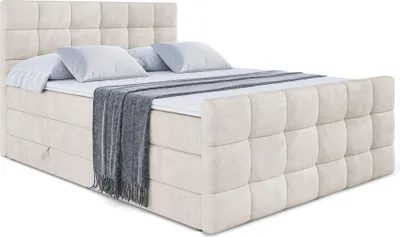 Produktbild von ALTDECOR Boxspringbett mit Matratze und Lattenrost  - BRUGO -Z KING  - 180x200 cm  - Beige Samt - Topper, Fußteil, Polsterbett mit Bettkasten, Bett mit Stauraum H3 - und H4 - Matratze, Doppelbett, Springboxbett