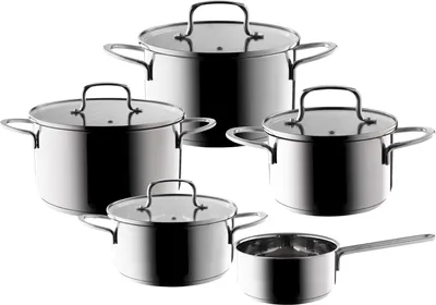 A set of five stainless steel pots and pans with lids, arranged on a white background.