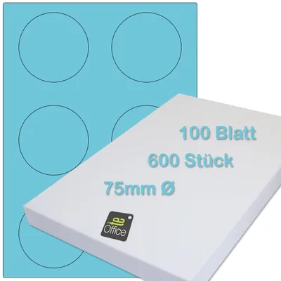 Produktbild von 600 Etiketten, DIN A4 Bogen rund, Ø 75 mm blau