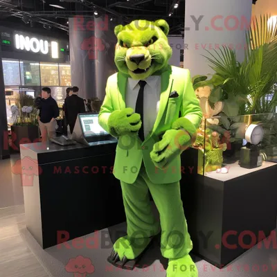Obrázek produktu pro Postava REDBROKOLY maskota Lime Green Šavlozubého tygra oblečená v obleku a chytrých hodinkách