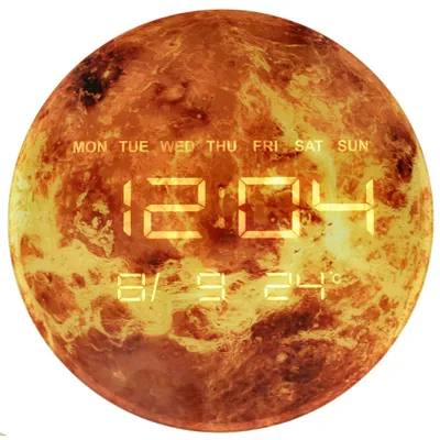 Produktbild von KIK KX3512 Wanduhr „Planet Erde“ mit LED-Anzeige, 32 cm, orange