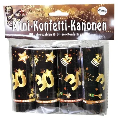 Produktbild von Set Konfetti Kanonen mit Jahreszahl zum 30. Geburtstag schwarz/gold