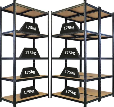 Produktbild von Mega Deal | 3x Schwerlastregal Giant Ragnar | HxBxT 200x100x50cm | 5 MDF-Platten-Ebenen | Fachlast 175kg | Schwarz