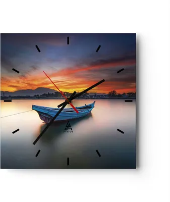 Produktbild von Wanduhr - Quadrat - Glasuhr - Westen Sonne Boot - 30x30cm - Schleichendes Uhrwerk - Lautlos - zum Aufhängen bereit - Dekoration Modern - Wanddekoration aus Glas - C3AC30x30-4791