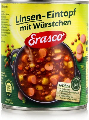 A close-up of a can of Erasco Lentil Stew with Sausages.