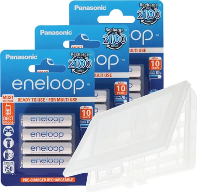 Produktbild von 12er Panasonic eneloop Standard AAA, Micro Akkus, neueste Generation, max. 800mAh, 2100 Ladezyklen mit AccuCell BOX10 AKTION 10+2