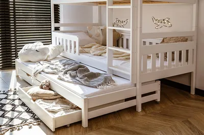 Produktbild von Hochbett 90x200 mit Ausziehbett und drei Matratzen, Etagenbett mit Ausziehfunktion, zwei Schubladen, Lattenrost, Rausfallschutz, umbaubar in drei Einzelbetten, Vollholz massiv in weiss