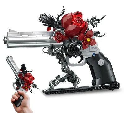 Produktbild von Gothic Rose Revolver Bausteine Set – Schwarze & Rote Künstliche Blumen, Blaster-Modell, Botanische Sammlung, Künstlerische Geschenke für Erwachsene