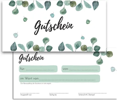 Produktbild von Blanko Gutscheine zum selber Ausfüllen - Hochwertige Gutscheinkarten für Unternehmen, Firmen & Gastronomie (50x Stück, Eukalyptus)