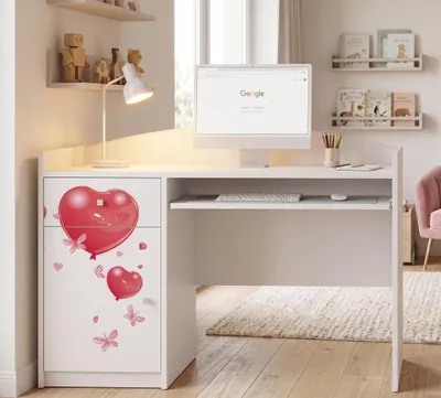 Obrázek produktu pro Dětský psací stůl „Happy B04“ bílý | Psací stůl pro mládež s odkládací plochou na klávesnici a úložným prostorem | Elegantní psací stůl pro školáky do dětského pokoje, medvídek