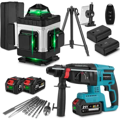 Produktbild von ONEVAN DIY und Bauarbeiten Kombinationsset:Laser-Wasserwaage 16 Linien mit Teleskopstativ,bürstenloser Akku Bohrhammer 4-in-1,mit 4 Akkus