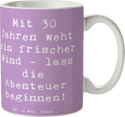 Produktbild von Mr. & Mrs. Panda kakaobecher Spruch 30. Geburtstag Abenteuer - Lavendeltraum - Geschenk, haferl, jugendliche Energie, Mut, Geburtstagsglückwünsche, Glückwunsch, Becher