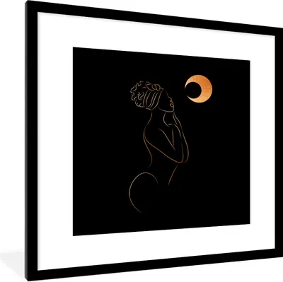Produktbild von MuchoWow® Gerahmtes Poster Frau - Mond - Schwarz und Gold - Strichzeichnung 40x40 cm - Poster mit Schwarzem Bilderrahmen Wandposter Rahmen Foto Bilder - Poster - Plakat im Rahmen