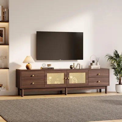 Image de OKWISH Meuble TV - Avec 2 Portes Rotin, 4 Tiroirs Et Gestion Des Câbles, Pour TV Jusqu'à 80 Pouces, Panneau De Particules, Brun, 180x35x44 cm